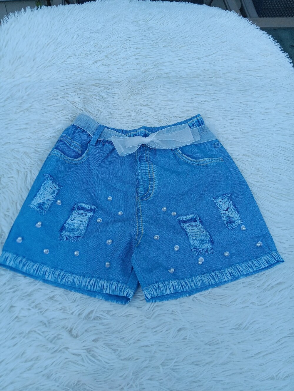 Blue Denim Pearl-Embellished #9/10 Girls Shorts(No Jeans)